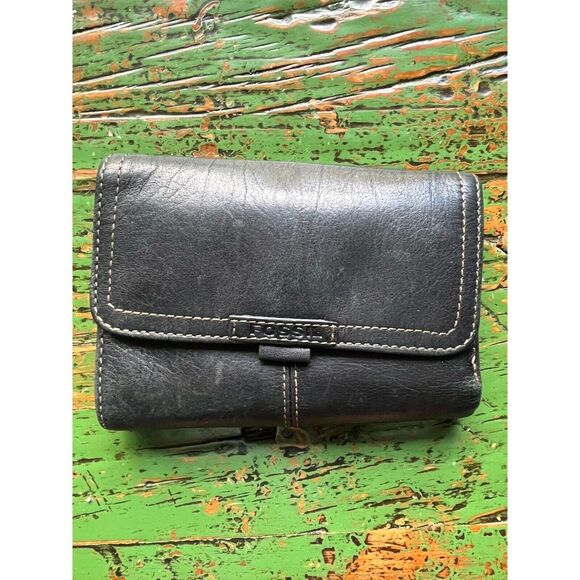 Vintage Fossil Trifold‎ Genuine Leather Black Wallet - Picture 1 of 6